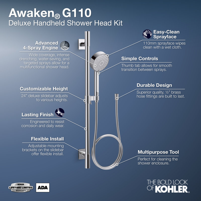 Kohler Awaken® G110 Deluxe Multi Function Slide Bar Shower Head ...